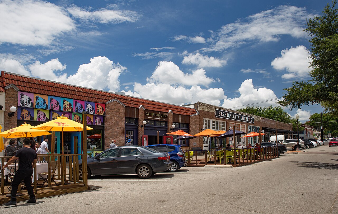 Historic brick storefronts in the Bishop Arts District in Dallas