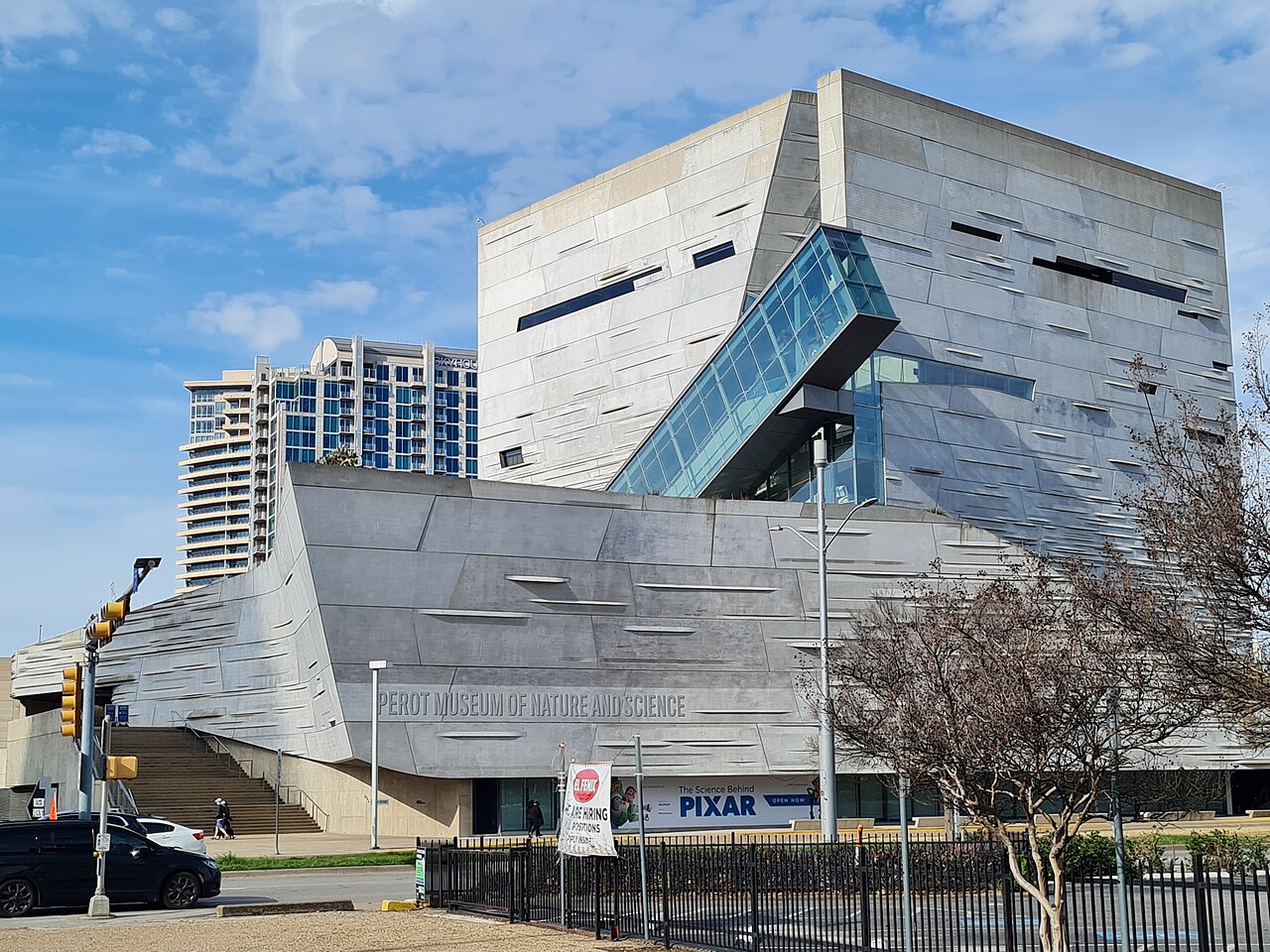 Actual exterior of the Perot Museum of Nature and Science in Dallas with its distinctive glass escalator