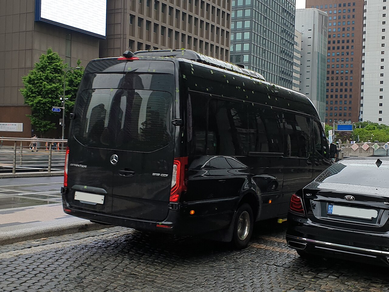 Representative black Mercedes-Benz Sprinter passenger van on a city street; not a Royal Black vehicle